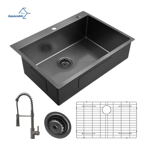 Aqucubic Gunmetal Black CUPC Handmade 304 Stainless Steel Topmount Kitchen Sink with Accessories and faucet Aqucubic Gunmetal Black CUPC Handmade 304 Stainless Steel Topmount Kitchen Sink with Accessories and faucet